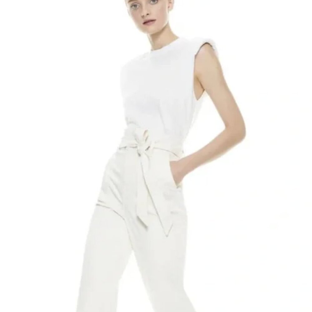 Alice + Olivia - White Shoulder Pad Cropped Muscle Sleeve Tank - Size L